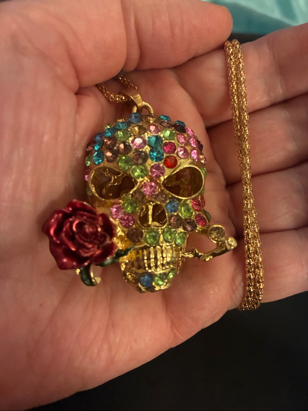 Multicolor Crystal Skull Pendant Necklace with Red Rose
NWOT